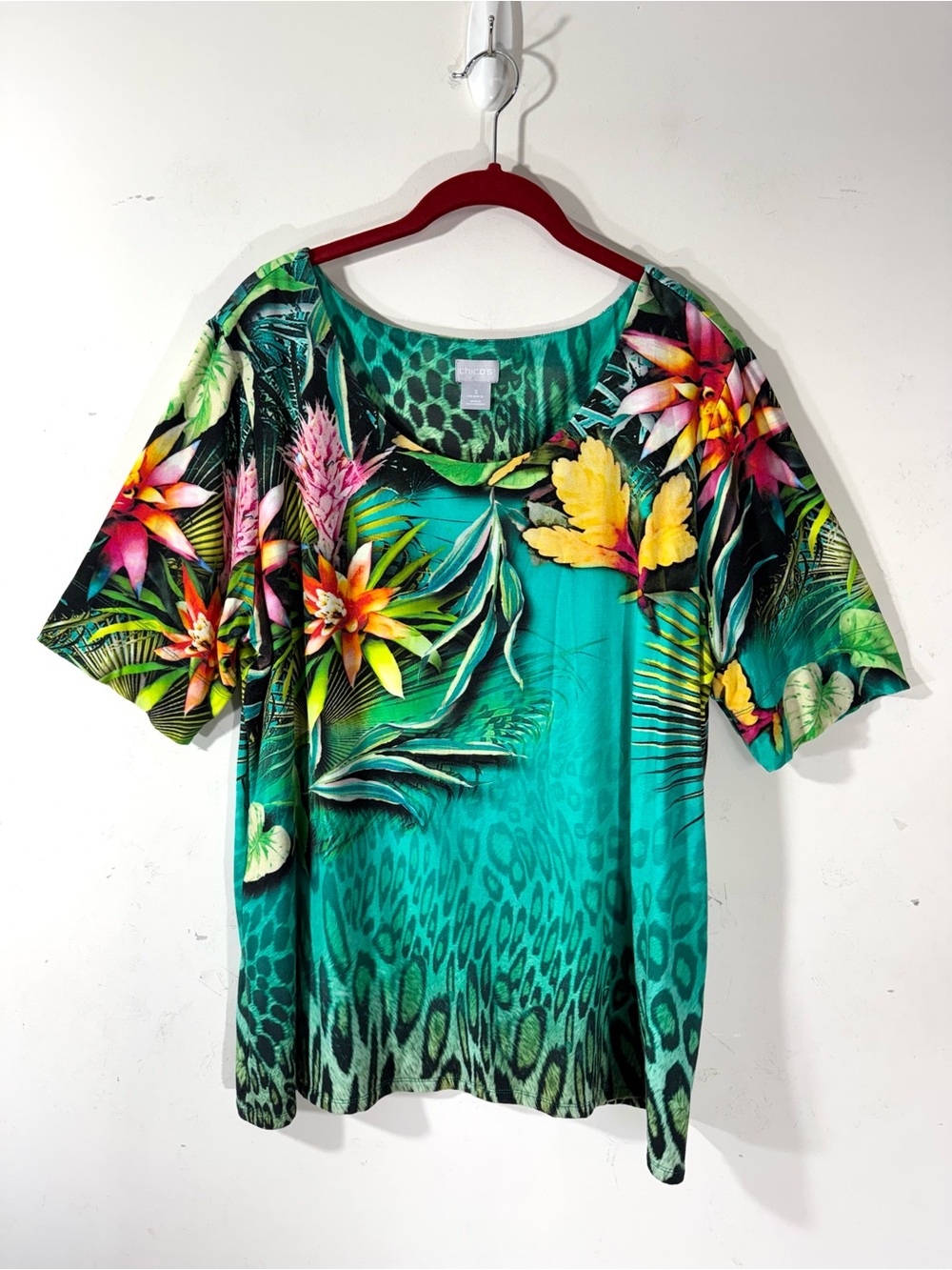 Chico’s Tropical Floral Scoop Neck Knit Top Sz XL Turquoise animal print